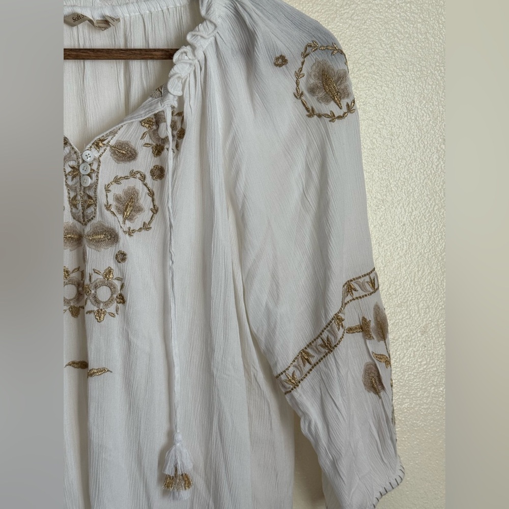 Soft Surroundings Embroidered Peasant Blouse White Gold | petite large - Picture 6 of 14